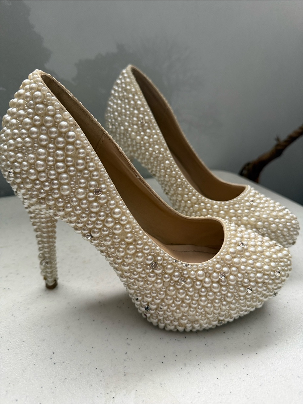 Pearl-and Rhinestone Embellished Ivory High Heel Pumps- wedding or statement